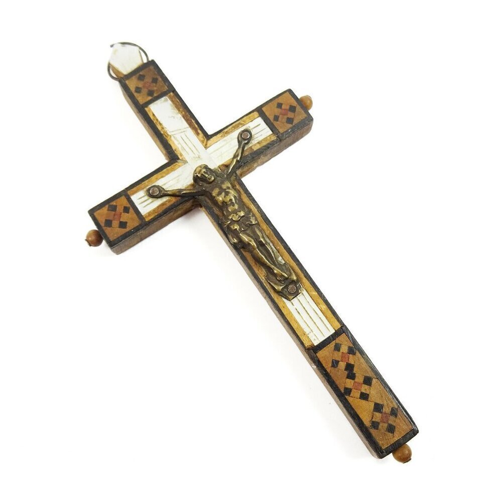 Antique Stations of the Cross Crucifix Wood Cross Mother of Pearl Inlay